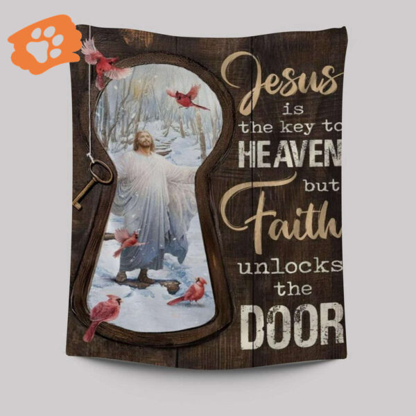 Jesus Christ Northern Cardinal Winter Forest Tapestry – Key to Heaven