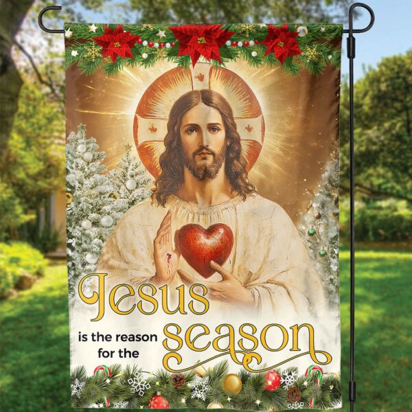 Jesus Christ Sacred Heart Christmas Flag – Jesus Is The Reason For The Season House Flag – Xmas Tree Decor Garden