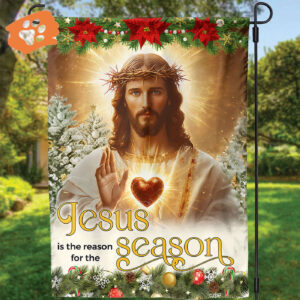 Jesus Christ Sacred Heart Christmas Flag - Jesus Is The Reason For The Season House Flag - Xmas Tree Decor Garden