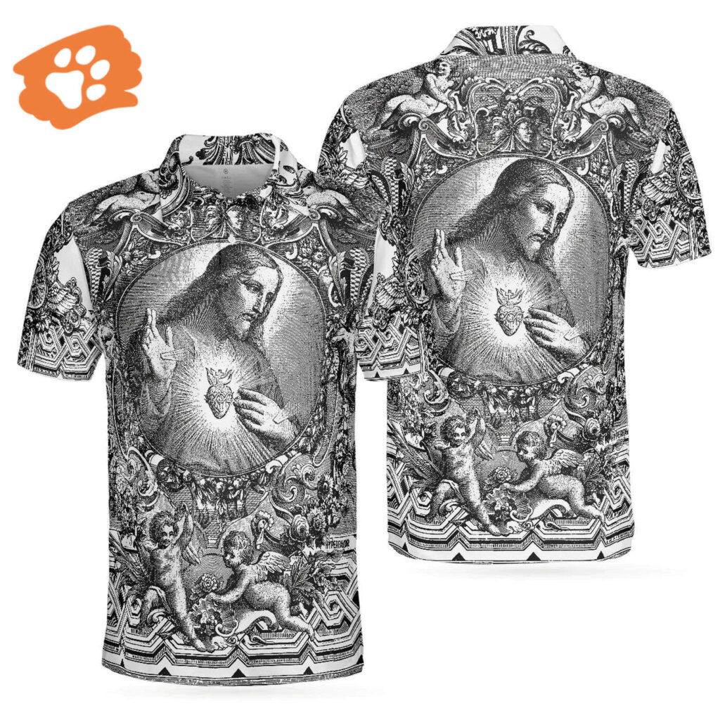 Vintage Jesus Christ Sketch Art Men s Polo Shirt Black & White Christian Tee Vintage Jesus Christ Sketch Art Men s Polo Shirt Black & White Christian Tee