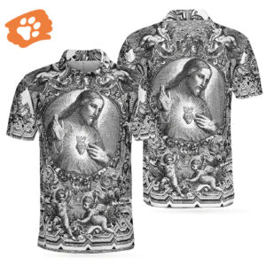 Vintage Jesus Christ Sketch Art Men s Polo Shirt Black & White Christian Tee