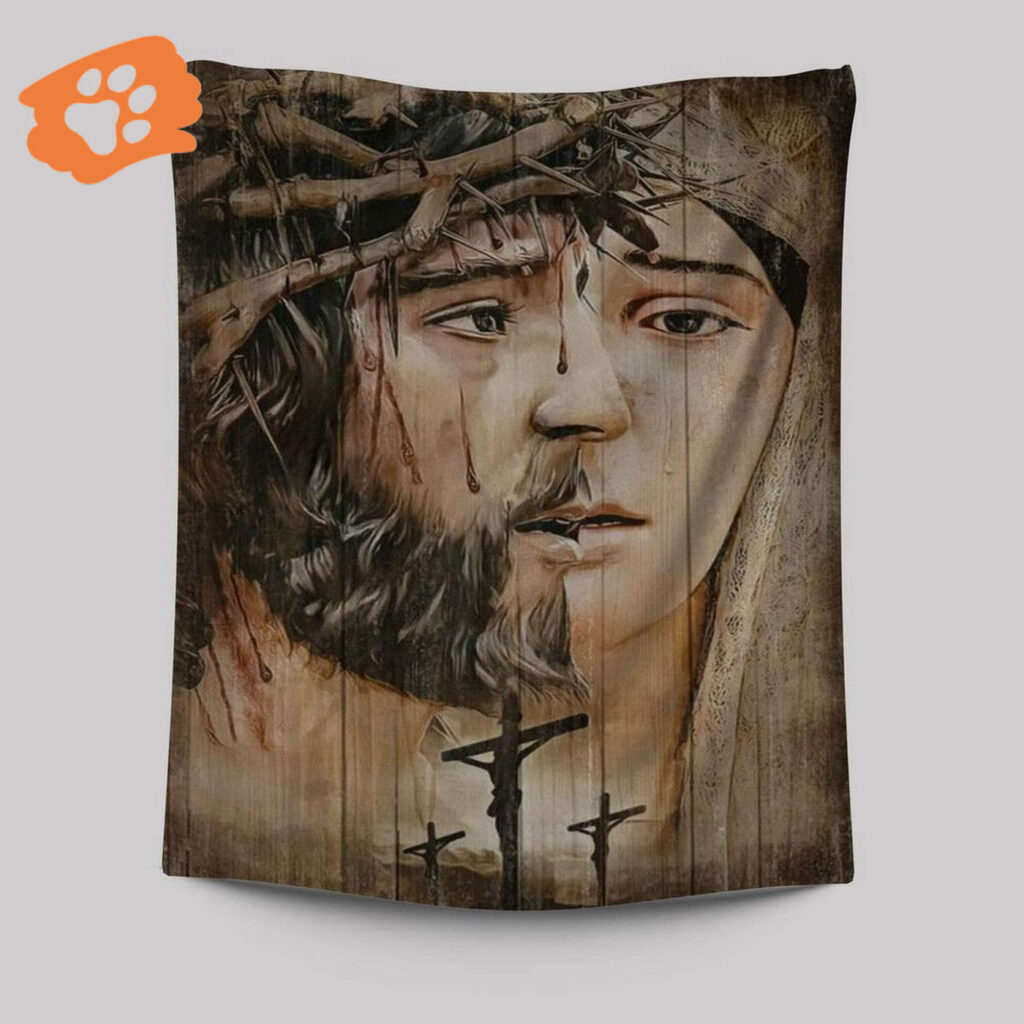 Jesus Christ & Virgin Mary Crown Of Thorns Cross Tapestry – Religious Wall Art Jesus Christ & Virgin Mary Crown Of Thorns Cross Tapestry – Religious Wall Art