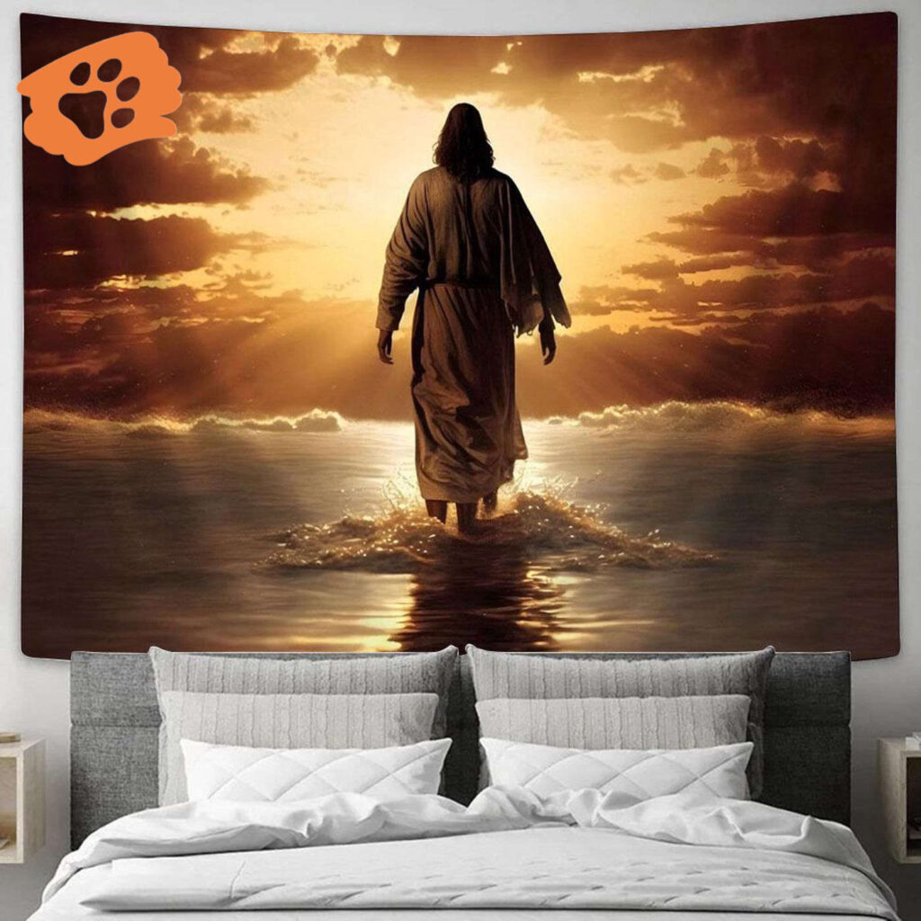 Jesus Christ Walk on Water Sunset Tapestry – Faith Art for Christian Wall Decor Jesus Christ Walk on Water Sunset Tapestry – Faith Art for Christian Wall Decor