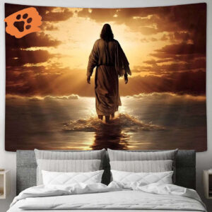 Jesus Christ Walk on Water Sunset Tapestry - Faith Art for Christian Wall Decor