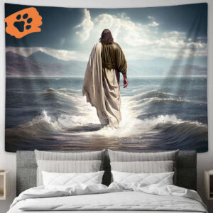Jesus Christ Walking on Water Tapestry - Faith Art Decor for Christian Wall - Sea Pictures