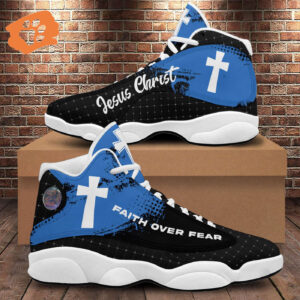 Jesus Christian Running Shoes, Jesus Blue Faith Over Fear Basketball Shoes, Cross Jesus Religious Gift Prayer