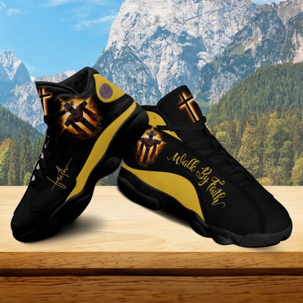 Jesus Cross Art Basketball Shoes, Walk By Faith Sparkle Cross Running Shoes, Christian Unisex Basketball Shoes Gift