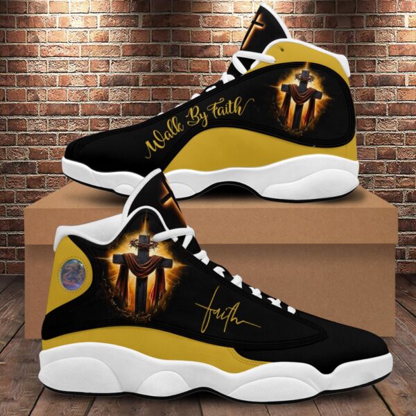 Jesus Cross Art Basketball Shoes, Walk By Faith Sparkle Cross Running Shoes, Christian Unisex Basketball Shoes Gift