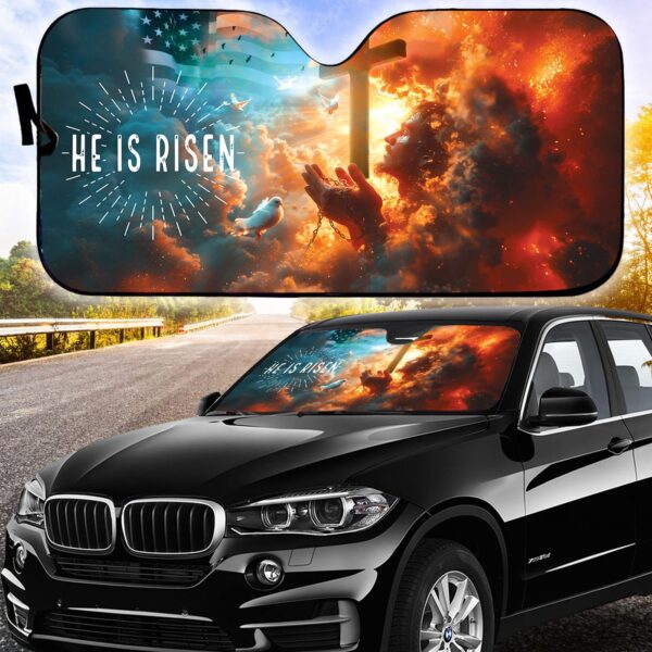 Jesus Cross American Flag Car Sunshade – He Is Risen Christ Auto Windshield Shade Religious Gifts & Accessories