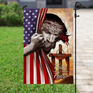 Christian Faith Over Fear House Flag - Jesus Cross Scripture Garden Banner 3