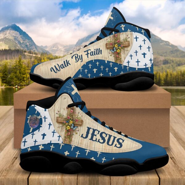 Jesus Cross Flower Butterfly Basketball Shoes, Walk By Faith Running Sneaker, Religious Gift For Mom