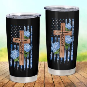 Jesus Cross Stainless Steel Mug, Hydrangea Insulated Tumbler, American Flag Print Travel Mug, One Nation Under God - Jesus Lover Men Women
