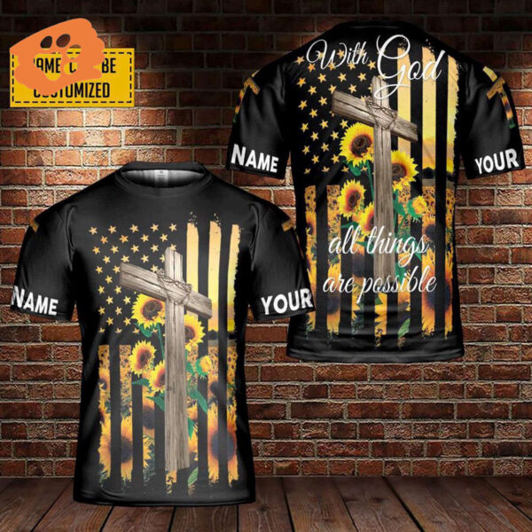 Custom Name Jesus Cross Sunflower 3D T-Shirt – Perfect Gift for Christians