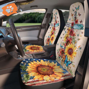 Jesus Cross Sunflower American Flag Car Seat Cover, Christ Butterfly Protector Seat Covers, Independence Day Gift, Car Decoration
