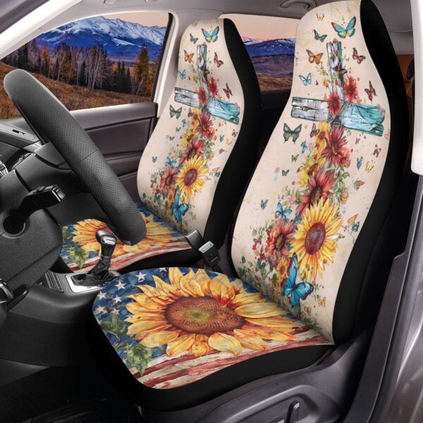Jesus Cross Sunflower American Flag Car Seat Cover, Christ Butterfly Protector Seat Covers, Independence Day Gift, Car Decoration