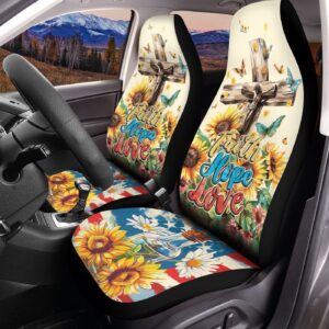 Faith Hope Love Jesus Cross Sunflower American Flag Car Seat Cover - Independence Day Gift & Car Decor for Jesus Lovers 1
