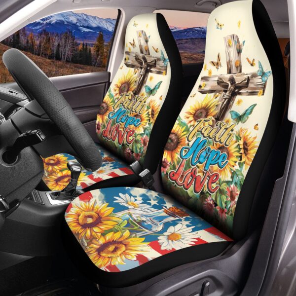 Faith Hope Love Jesus Cross Sunflower American Flag Car Seat Cover – Independence Day Gift & Car Decor for Jesus Lovers