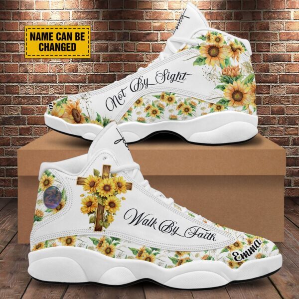 Jesus Cross Sunflower Customized Sport Shoes, Walk By Faith Not By Sight, Faith Gifts For Women, Sunflower Pattern Unisex Basketball Shoes