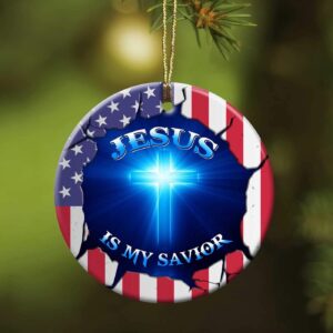 Jesus - Cross with U.S flag - Jesus is my savior - Circle Ceramic Ornament