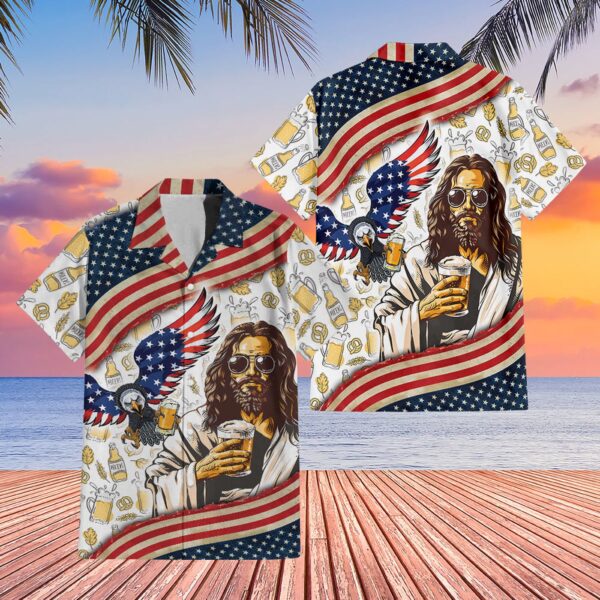 Jesus Eagle Beer American Flag Hawaii Shirt – Cool Men s Aloha Set for Summer Beach Independence Day Gifts