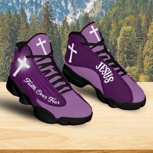 Jesus Faith Over Fear Basketball Shoes, Jesus Christian Cross Purple Running Shoes, Jesus Lovers Gifts