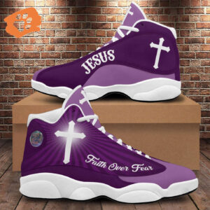 Jesus Faith Over Fear Basketball Shoes, Jesus Christian Cross Purple Running Shoes, Jesus Lovers Gifts