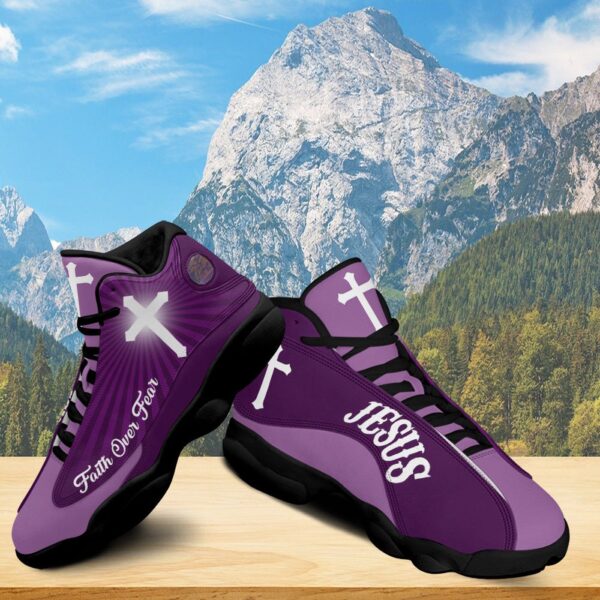 Jesus Faith Over Fear Basketball Shoes, Jesus Christian Cross Purple Running Shoes, Jesus Lovers Gifts