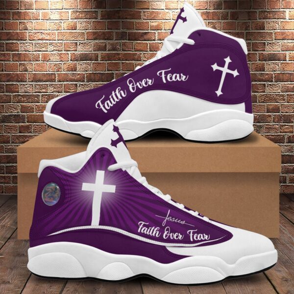 Jesus Faith Over Fear Basketball Shoes, Jesus Shoes Purple Design, Jesus Lovers Gifts, Christian Unisex Shoes