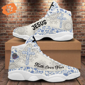 Jesus Faith Over Fear Basketball Shoes, Mandala Flower Running Shoes, Christian Cross Footwear Unisex