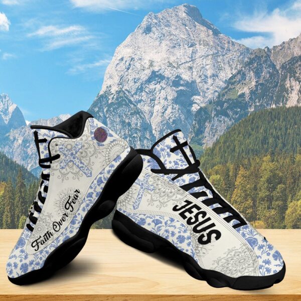 Jesus Faith Over Fear Basketball Shoes, Mandala Flower Running Shoes, Christian Cross Footwear Unisex