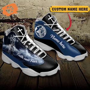 Jesus Faith over Fear custom name Air Jordan 13 Shoes Blue and Black - Gift for Men Women