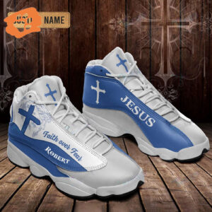 Jesus Faith over Fear Light Blue custom name Air Jordan 13 Shoes - Gift for Men Women