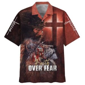 Jesus Faith Lion Cross Hawaiian Shirt for Men - Christian US Flag Gift