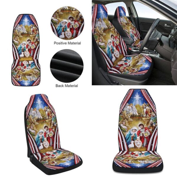 Jesus Family Nativity Christmas American Flag Car Seat Cover – Festive Car Decor Gift