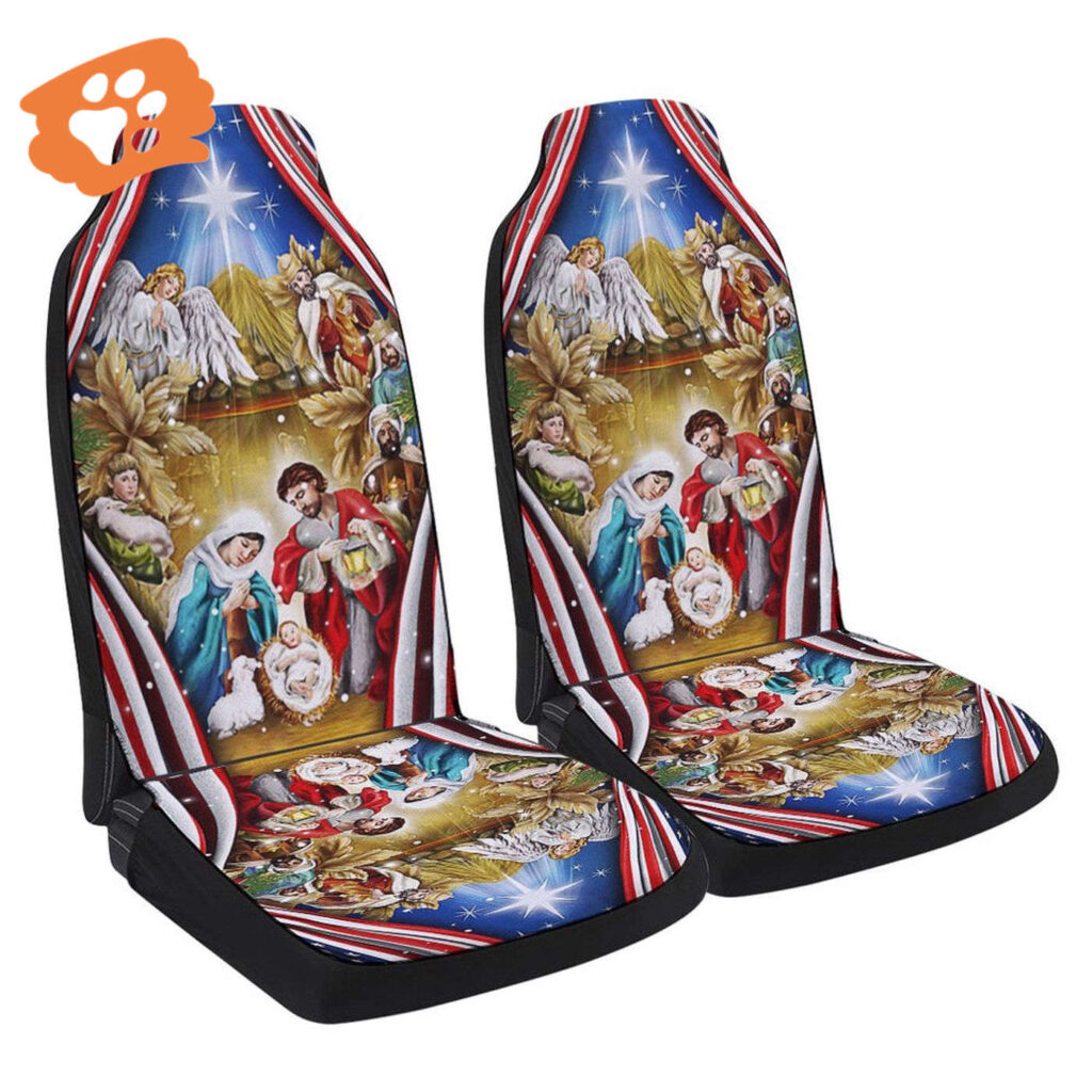 Jesus Family Nativity Christmas American Flag Car Seat Cover – Festive Car Decor Gift