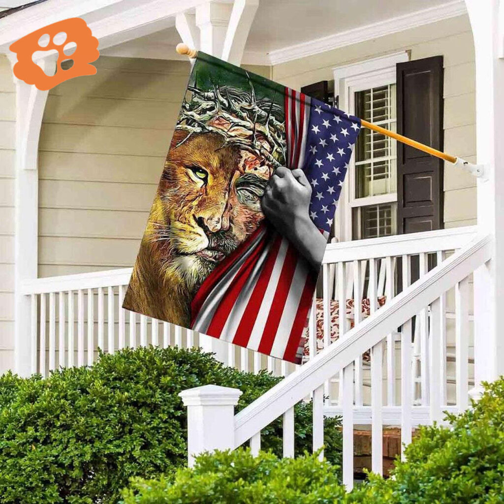 2025 Jesus Garden Flags: Half Face Jesus Lion American Flag Design 2025 Jesus Garden Flags: Half Face Jesus Lion American Flag Design