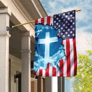 Jesus Blue Sky House Flag with Christian Cross & American Flag Design