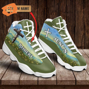 Jesus Flower field Green custom name Air Jordan 13 Shoes - Gift for Men Women