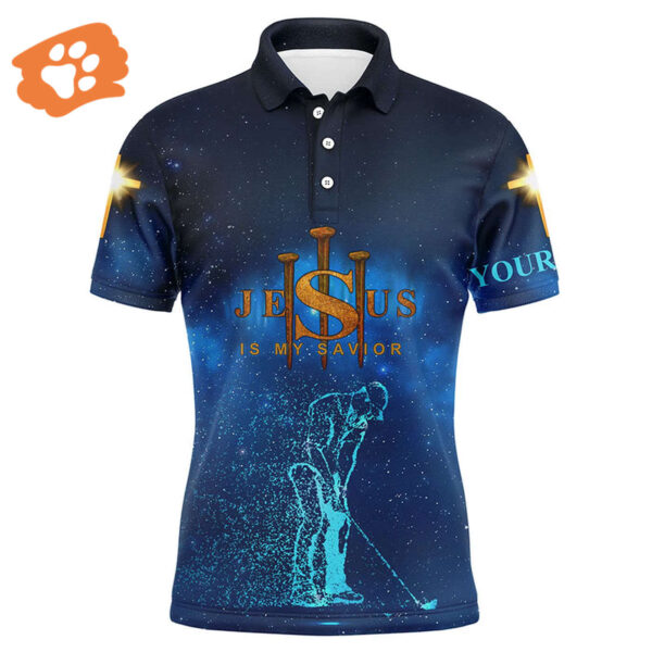 Custom Jesus Golf Men Polo Shirt – Personalized Gift for Golf Lover – Savior Cross Apparel for Men Husband Team