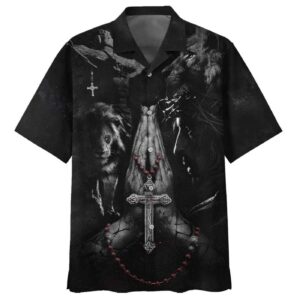 Men s Jesus Hands Praying Lion Hawaiian Shirt - Christian Gift