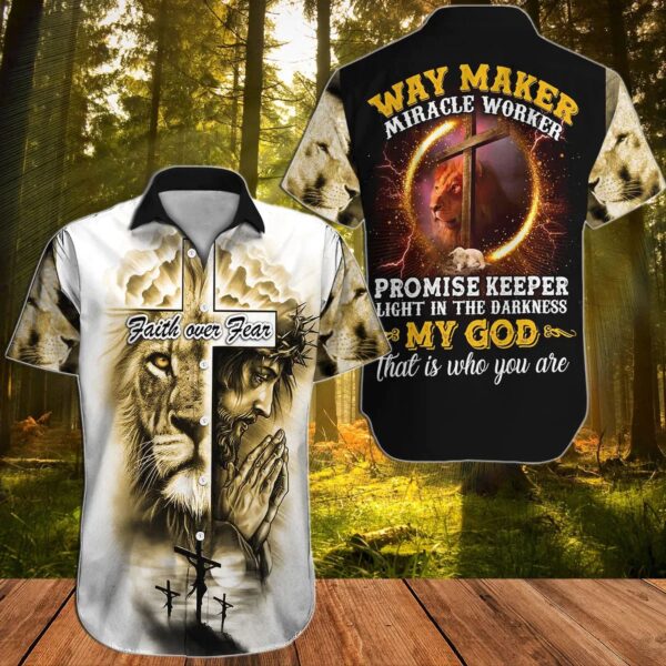 Faith Over Fear Jesus Hawaiian Shirt – Lion God Cross Aloha Summer Gift for Christians