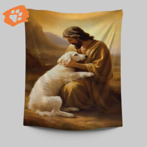 Jesus Holding Dog Tapestry Prints - Christian Wall Art Decor for Home - Jesus Tapestry Art