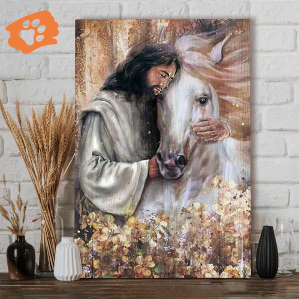 Jesus Holding a Horse Beautiful Flowers Poster for Home Decor Gift