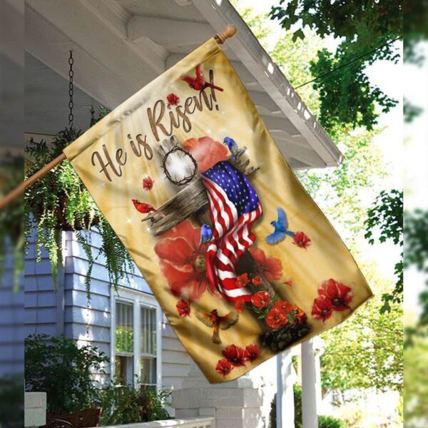 He Is Risen Jesus House Garden Flag with Cross American Flag Design & Cardinal Bird