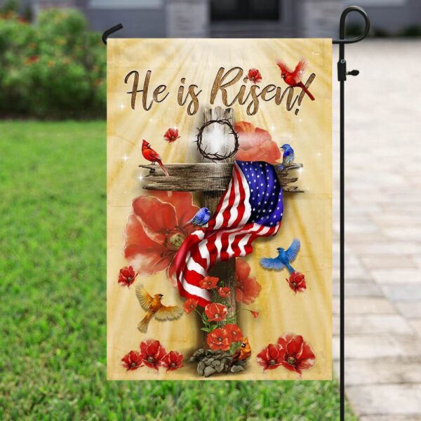 He Is Risen Jesus House and Garden Flag Set – Cross American Flag with Cardinal Bird Design