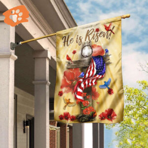 He Is Risen Jesus House and Garden Flag Set - Cross American Flag with Cardinal Bird Design