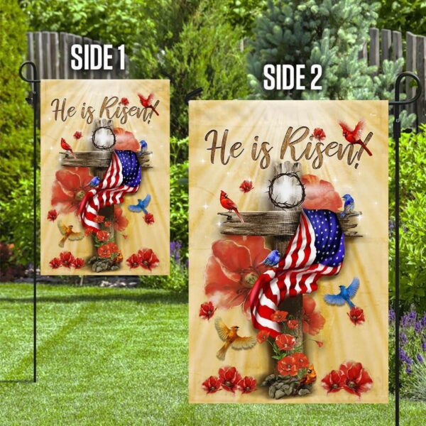 He Is Risen Jesus House and Garden Flag Set – Cross American Flag with Cardinal Bird Design