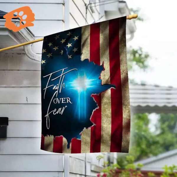 Blue Light Cross Jesus Garden Flag 2025 Faith Over Fear American Flag