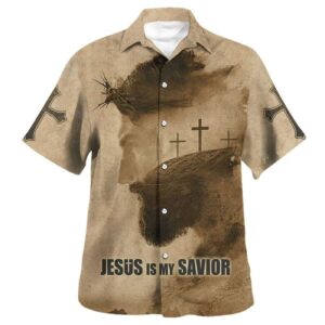 Christian Hawaiian Shirt: Jesus Is My Savior Cross Thank God - Men s Gift