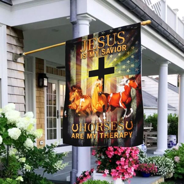 Christian Garden Flags: Jesus Is My Savior Horses Are My Therapy – Scripture Banner